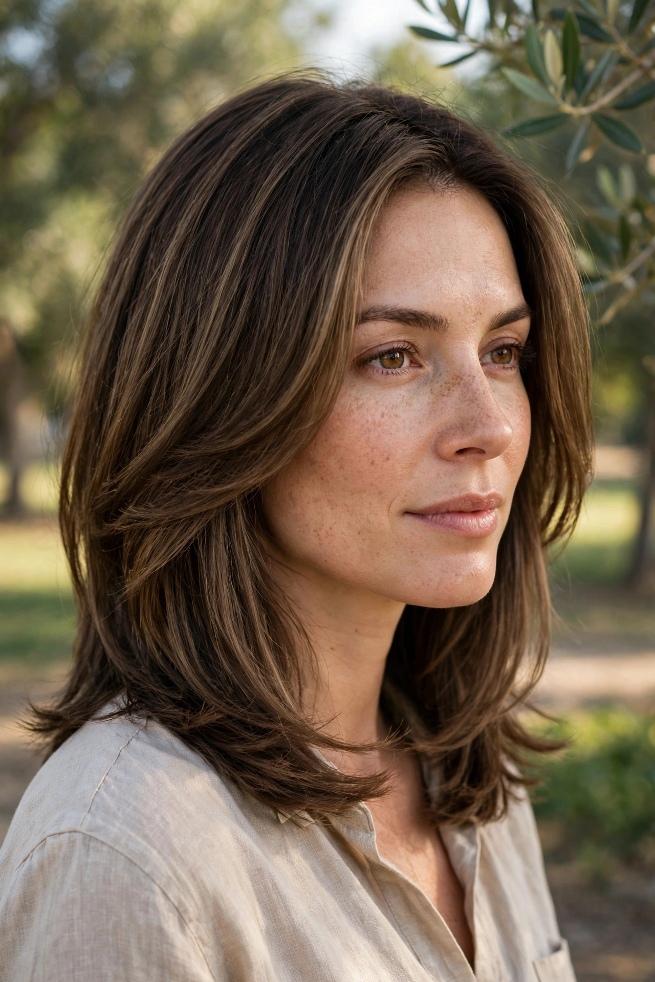 Three-quarter view of a woman with medium-length brown hair with lighter face-framing highlights, her face-framing layers framing her face in balanced, smooth lines, photographed outdoors in gentle afternoon light, wearing a light top.