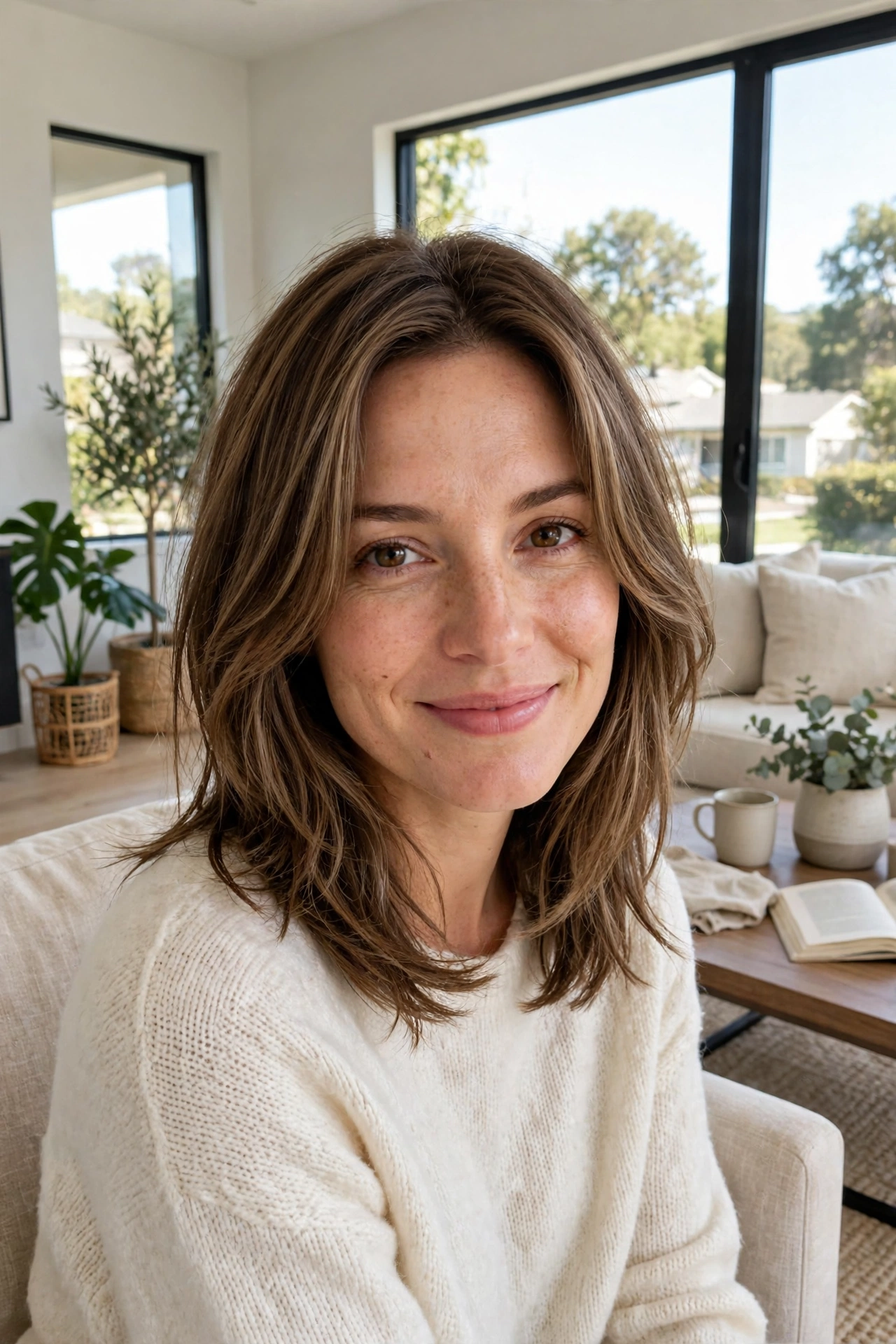 A woman with collarbone-length brown hair with highlights and blended face-framing layers, smiling softly while seated near a large window in a bright, modern living room, wearing a cream sweater.