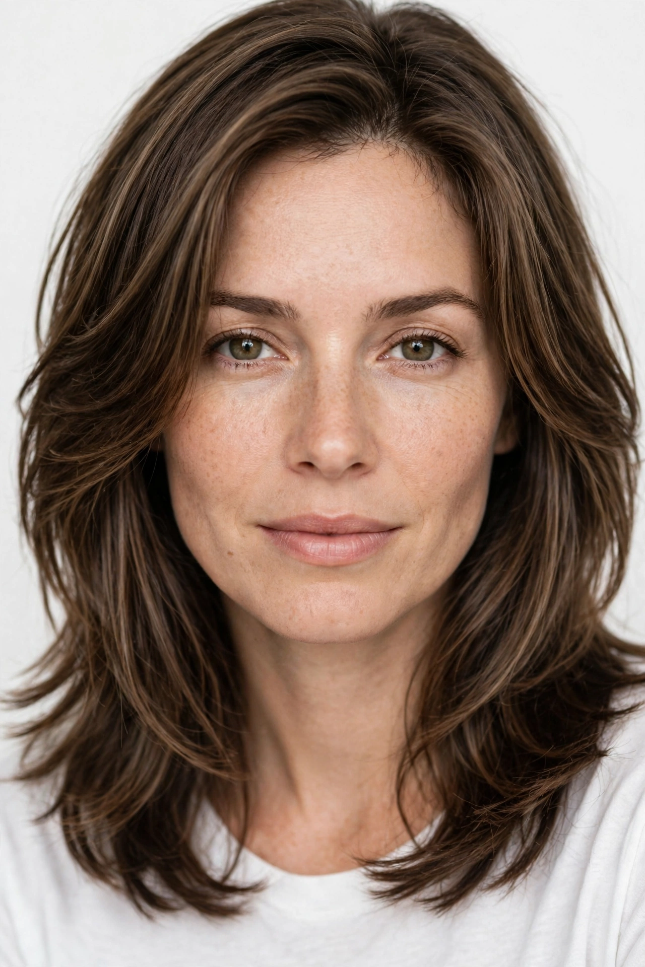 Close-up portrait of a woman with medium-length hair, her layered frame falling evenly on both sides, photographed in a bright studio with a plain light background, wearing a white top.