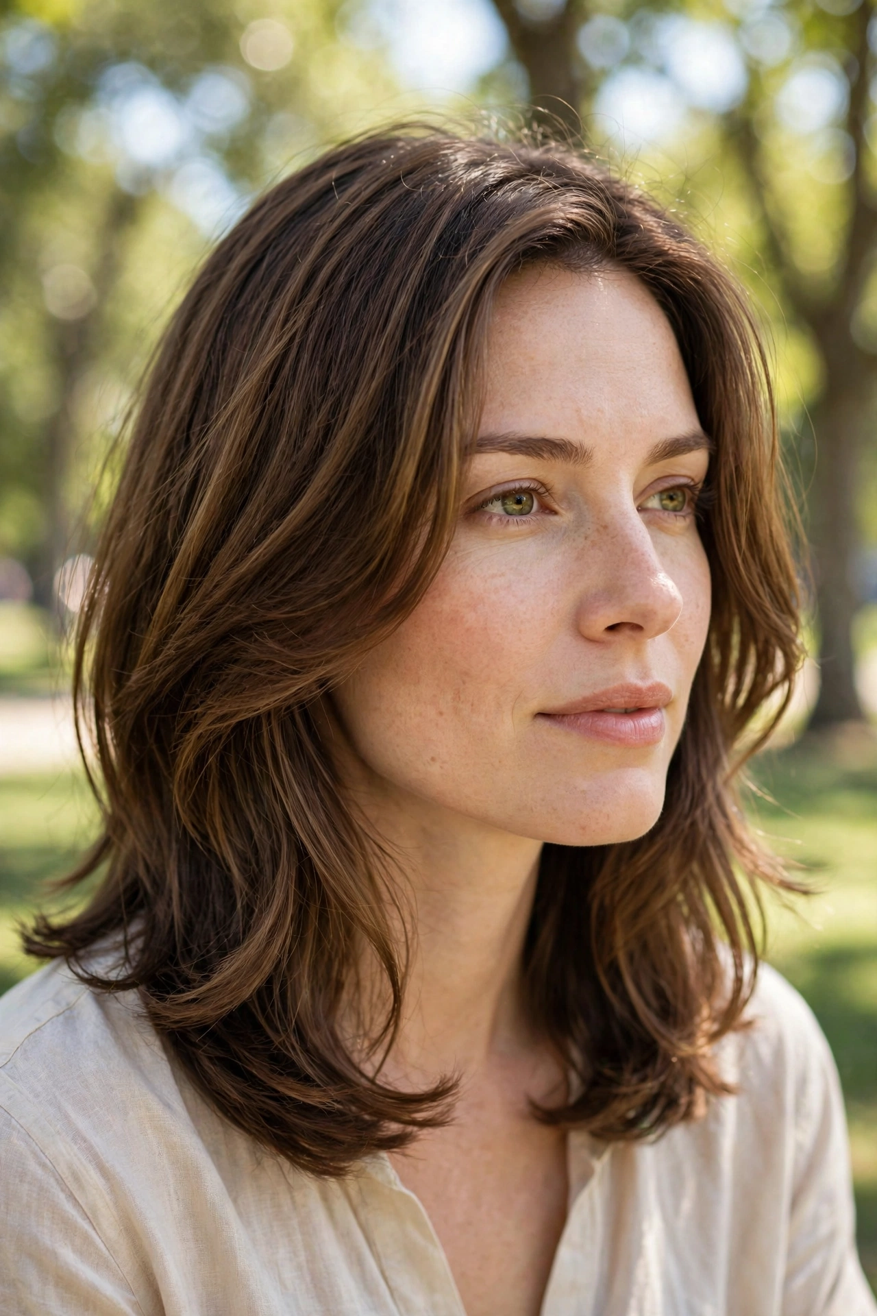 A woman with medium-length hair and soft, turned-under face-framing layers, photographed outdoors on a bright day in a park with trees softly blurred behind her, wearing a light top.