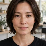 A woman with short dark-brown hair and fresh, cheekbone-length face-framing layers, photographed from the front in a bright salon with soft daylight, wearing a simple black top.