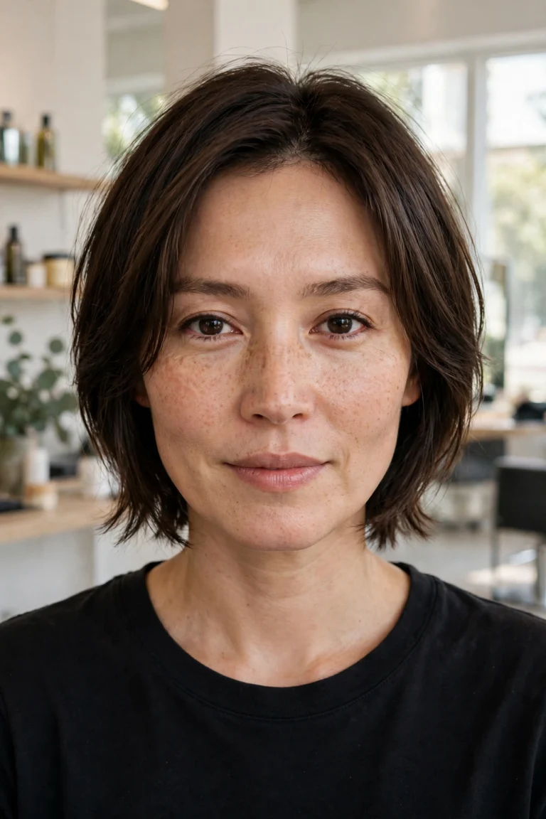 A woman with short dark-brown hair and fresh, cheekbone-length face-framing layers, photographed from the front in a bright salon with soft daylight, wearing a simple black top.