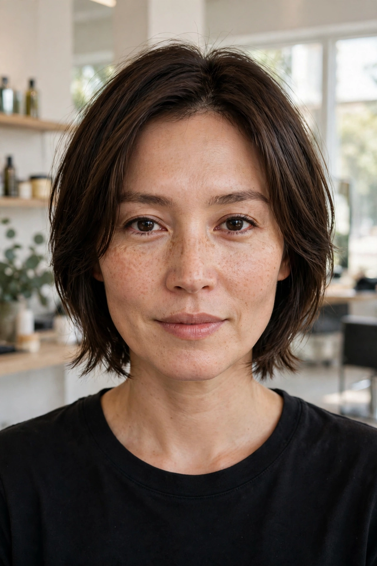A woman with short dark-brown hair and fresh, cheekbone-length face-framing layers, photographed from the front in a bright salon with soft daylight, wearing a simple black top.
