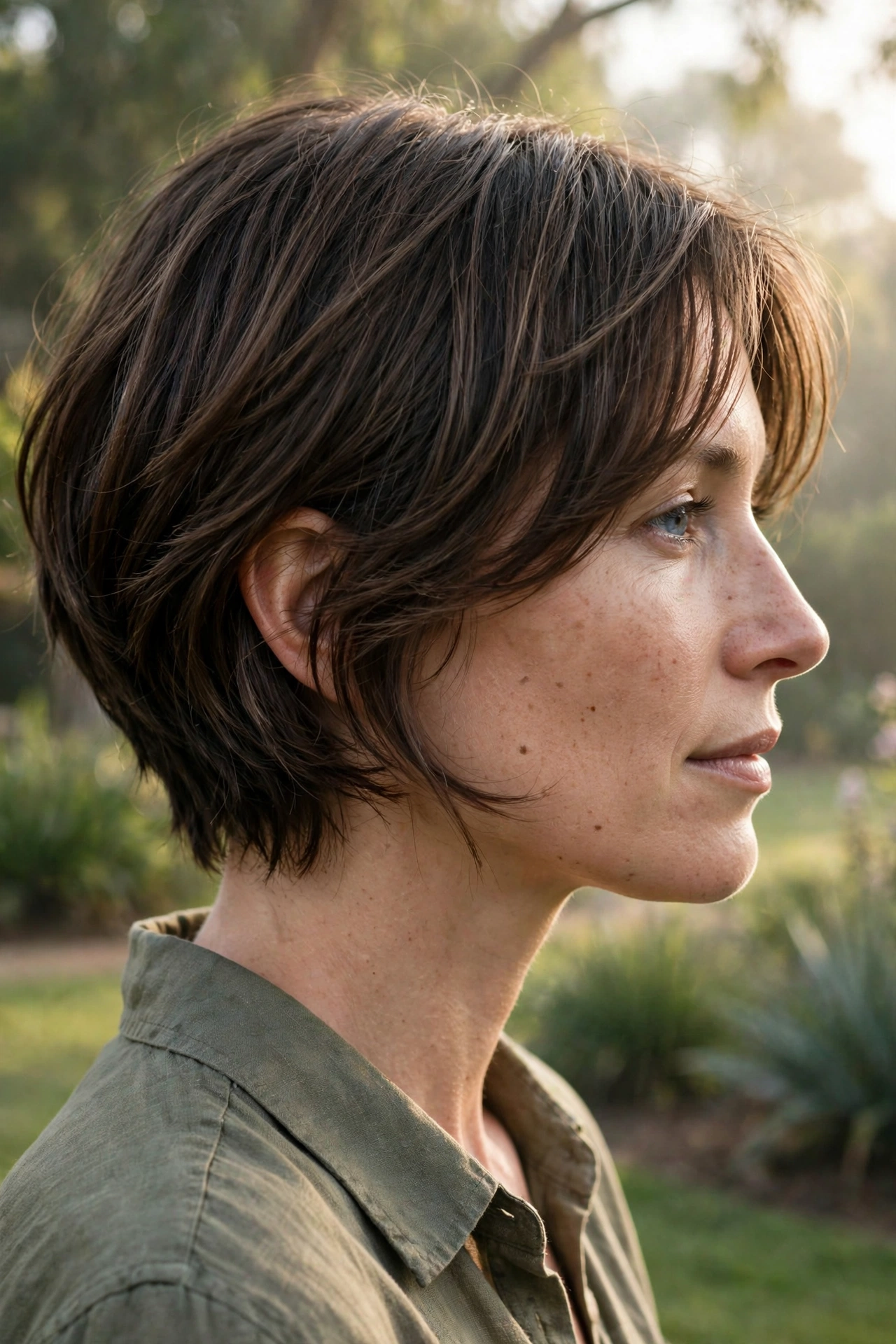 Side view of a woman with short hair, her short face-framing layers framing her face in crisp, soft lines, photographed outdoors in gentle morning light, wearing an olive shirt.