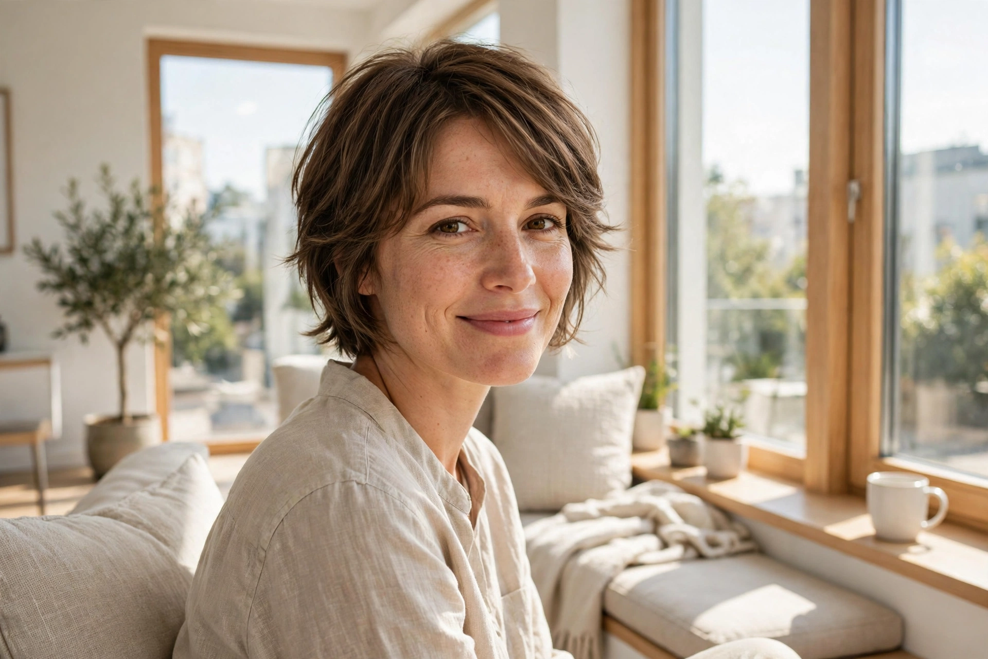 A woman with a short cut and soft layered pieces around her face, smiling gently while seated by a sunny window in a bright modern room, wearing a light linen top.
