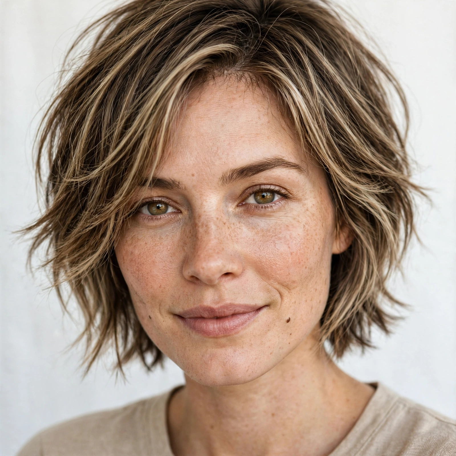 Close-up portrait of a woman with short highlighted brown hair with a tousled, shaggy texture, her face-framing layers falling in a fresh, lively frame, photographed in a bright studio with a plain light background.