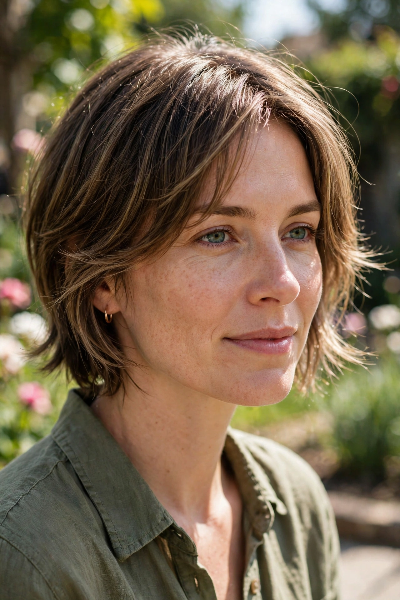 A woman with short hair and feathered face-framing layers, photographed outdoors on a bright day with a blurred garden background, wearing an olive shirt and a small hoop earring.