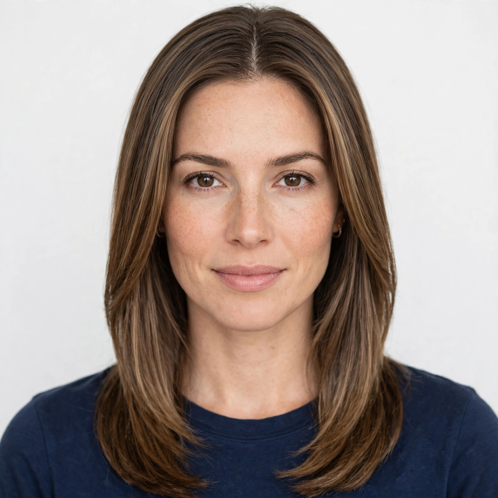 A woman with sleek, straight hair and polished face-framing layers, photographed from the front in a bright studio with soft, even lighting, wearing a simple navy top.