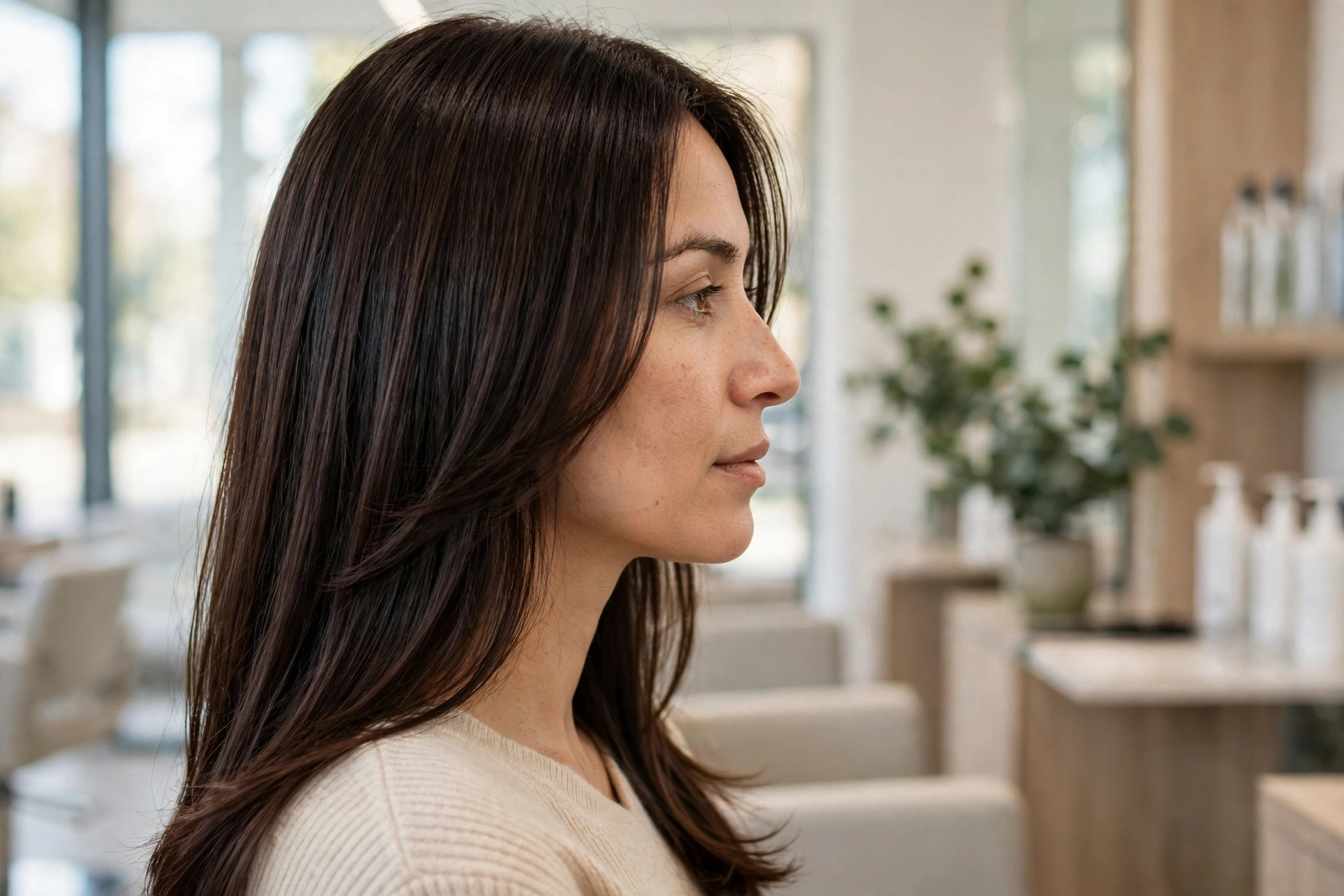 Side view of a woman with long, straight, glossy dark-brown hair, her polished face-framing layers falling in smooth, glossy lines, photographed in a bright salon with soft daylight.