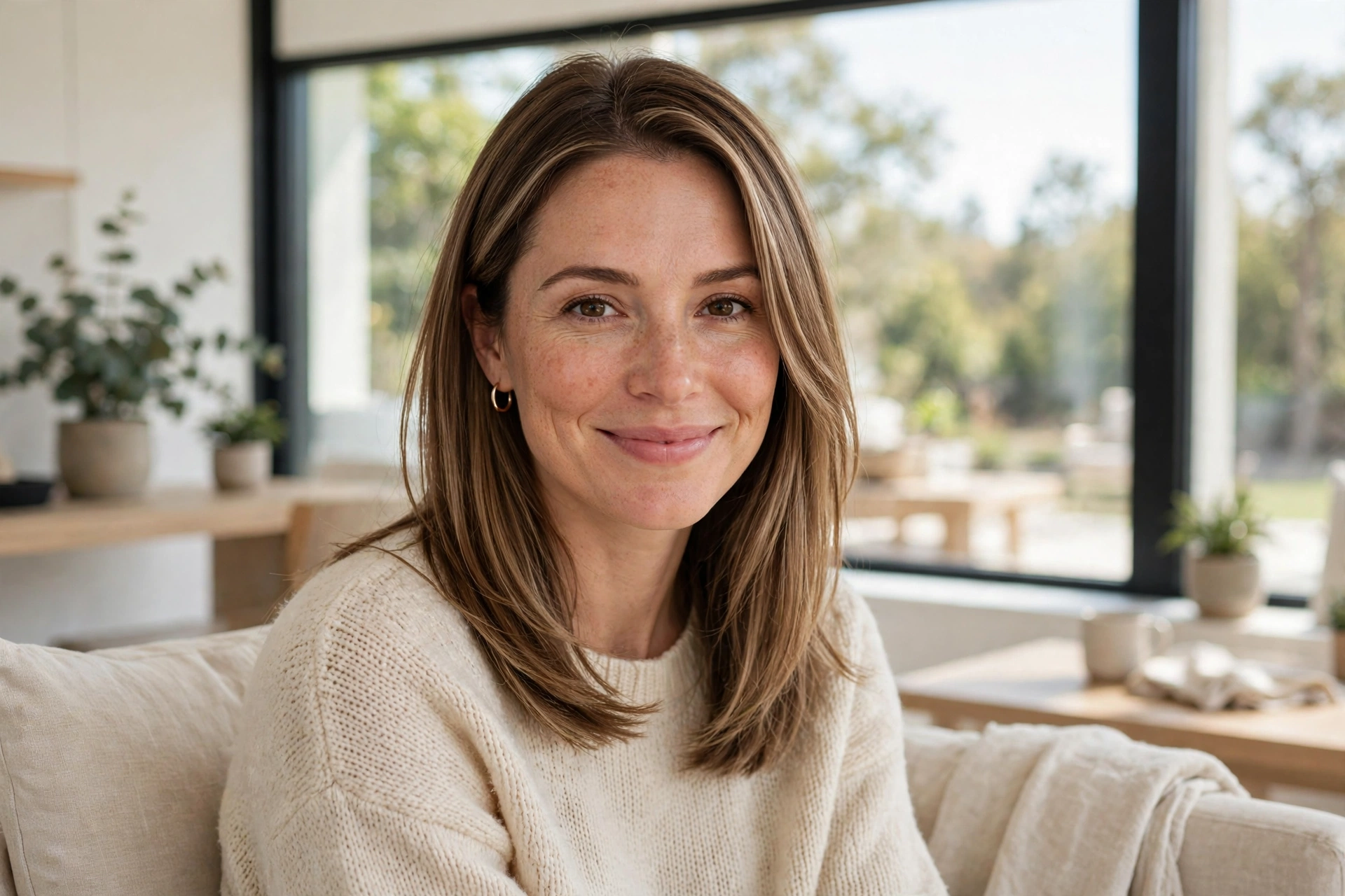 A woman with straight, shoulder-length highlighted light-brown hair and sleek face-framing layers, smiling softly while seated near a large window in a bright modern home, wearing a cream sweater.