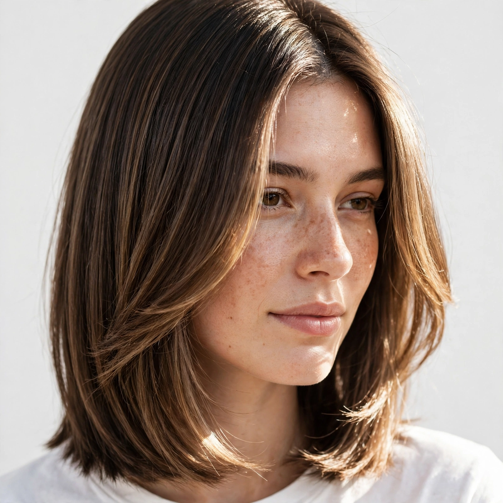 Close-up portrait of a woman with straight highlighted brown hair, her bevelled face-framing layers catching the light, photographed in a bright studio with a plain light background, wearing a white top.