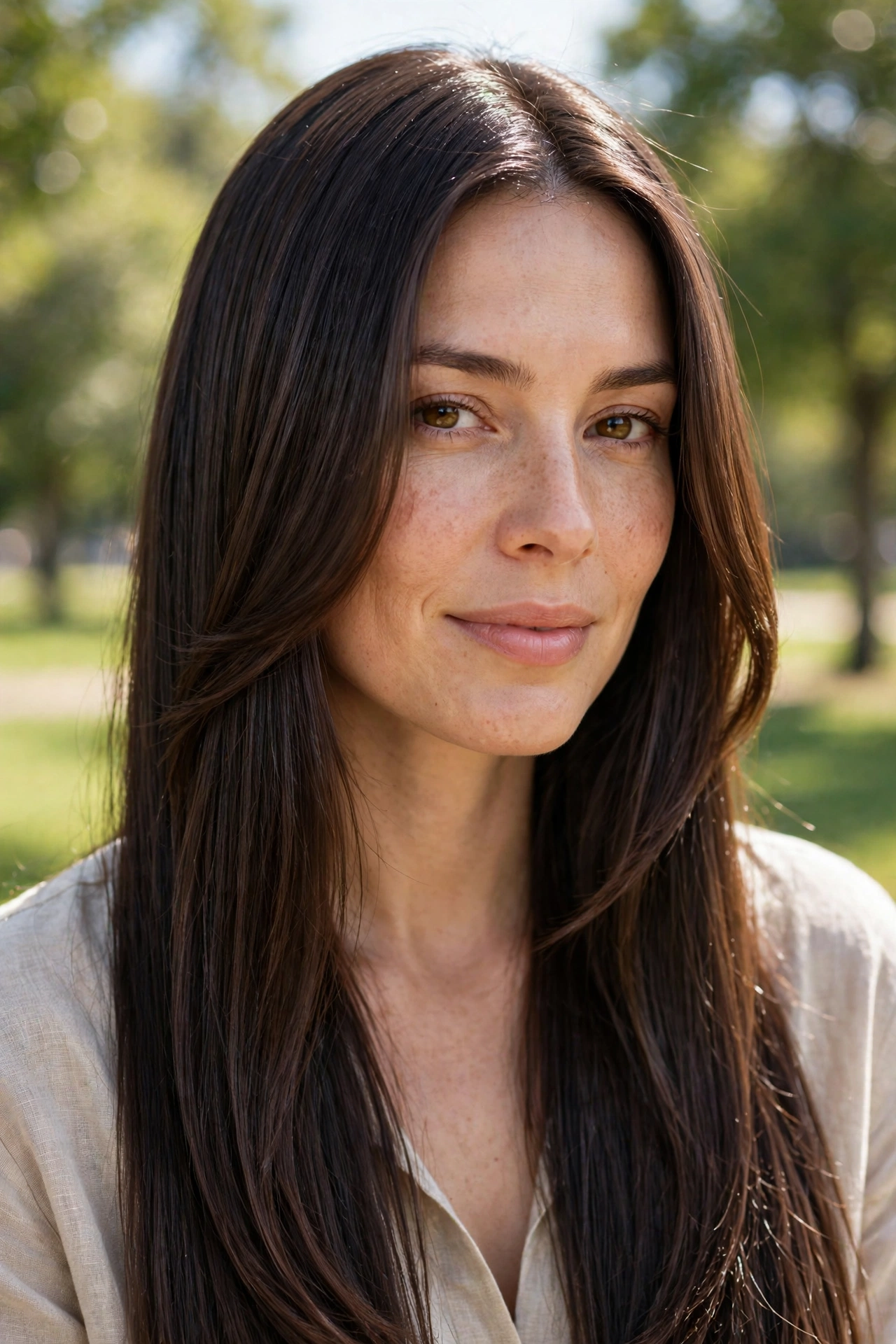 A woman with long, straight, glossy dark-brown hair and polished face-framing layers, photographed outdoors on a bright day with soft trees blurred behind her, wearing a light top.