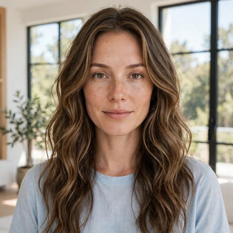A woman with long, loose wavy brown hair with highlights and soft face-framing layers, standing in a bright room with large windows and gentle daylight, wearing a simple light-blue top, facing the camera, waves falling naturally around her face and shoulders.