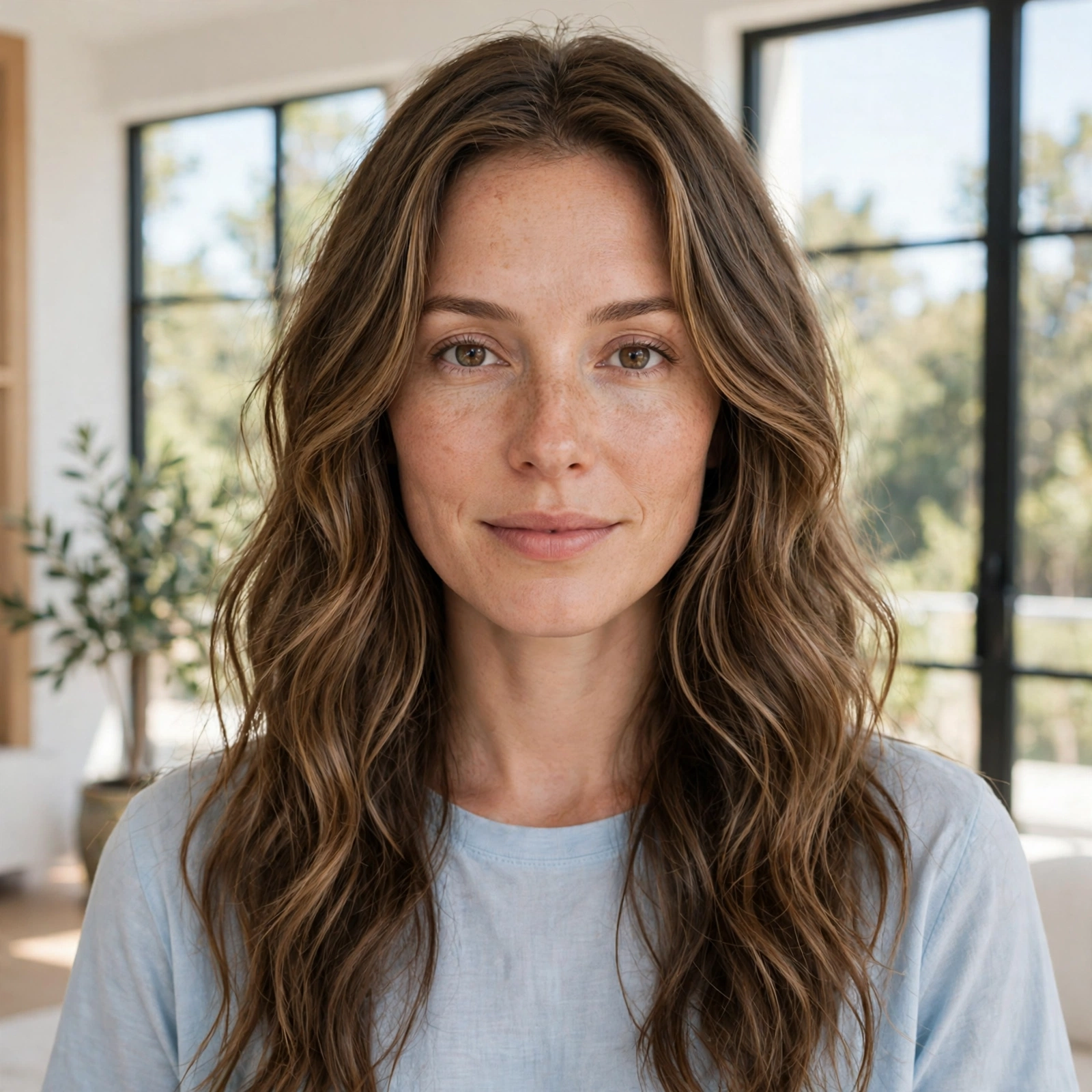 A woman with long, loose wavy brown hair with highlights and soft face-framing layers, standing in a bright room with large windows and gentle daylight, wearing a simple light-blue top, facing the camera, waves falling naturally around her face and shoulders.