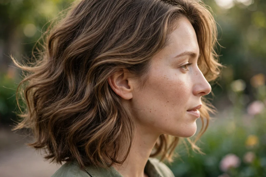 Close-up side view of a woman with mid-length wavy brown hair with lighter highlights and cheekbone-sweeping layers, photographed outdoors in soft afternoon light with a blurred garden background, wearing an olive green top, waves sweeping away from her face.