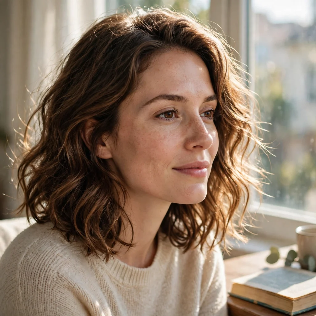 A woman with shoulder-length wavy hair and a softly layered lob frame, sitting by a sunny window with a book on a nearby table, shown from the shoulders up, daylight highlighting the bounce and movement of the waves, wearing a cream knit sweater.