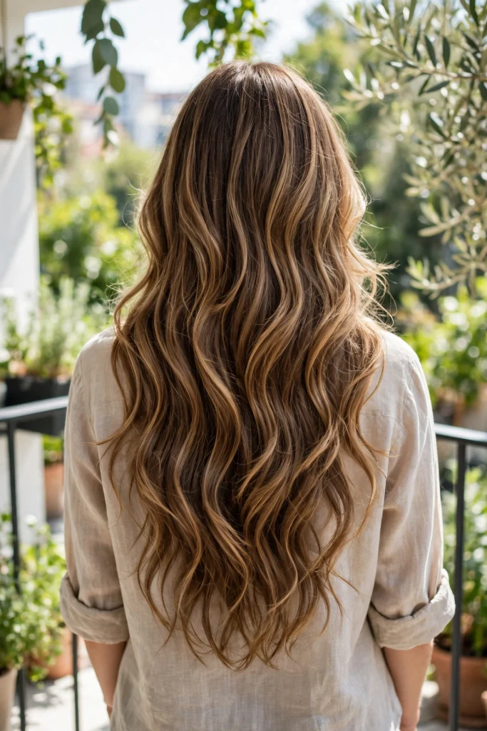Back view of a woman with long flowing highlighted wave layers, standing on a bright balcony with soft greenery blurred in the background, cascade of layered waves falling down her back in natural daylight, wearing a beige linen top.