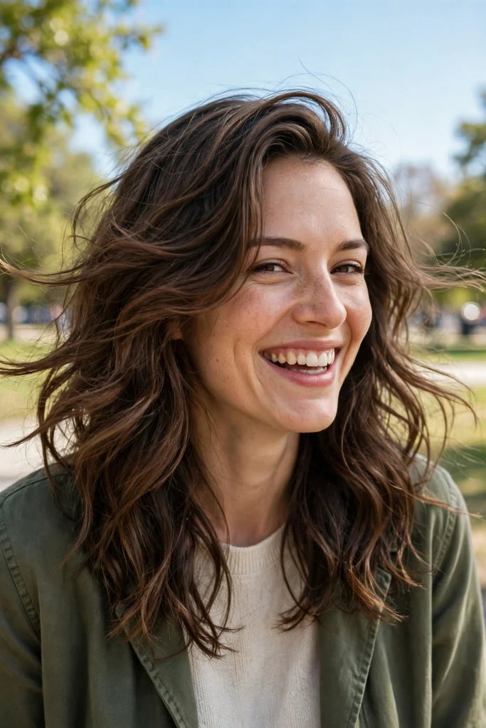 A woman with wavy hair and a deep side part, laughing gently while walking outdoors on a bright, clear day in a park, shown from the front chest up, sweeping layers moving naturally around her face, wearing an olive jacket over a cream top.