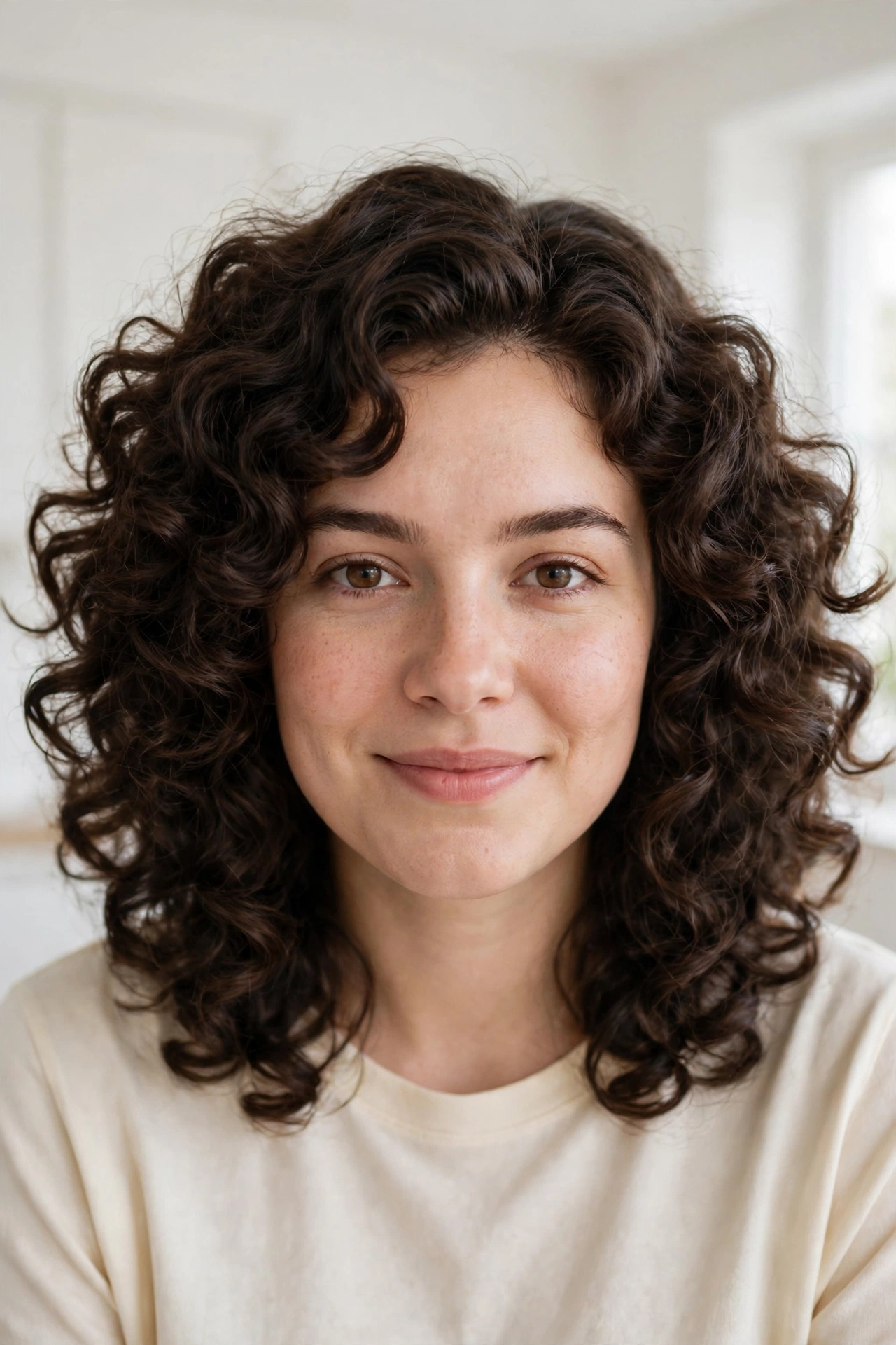 A woman with voluminous, well-shaped dark curly hair and rounded face-framing layers, smiling softly in a bright room with white walls and soft daylight, wearing a simple cream top, facing the camera, curls forming a balanced, sculpted frame around her face.