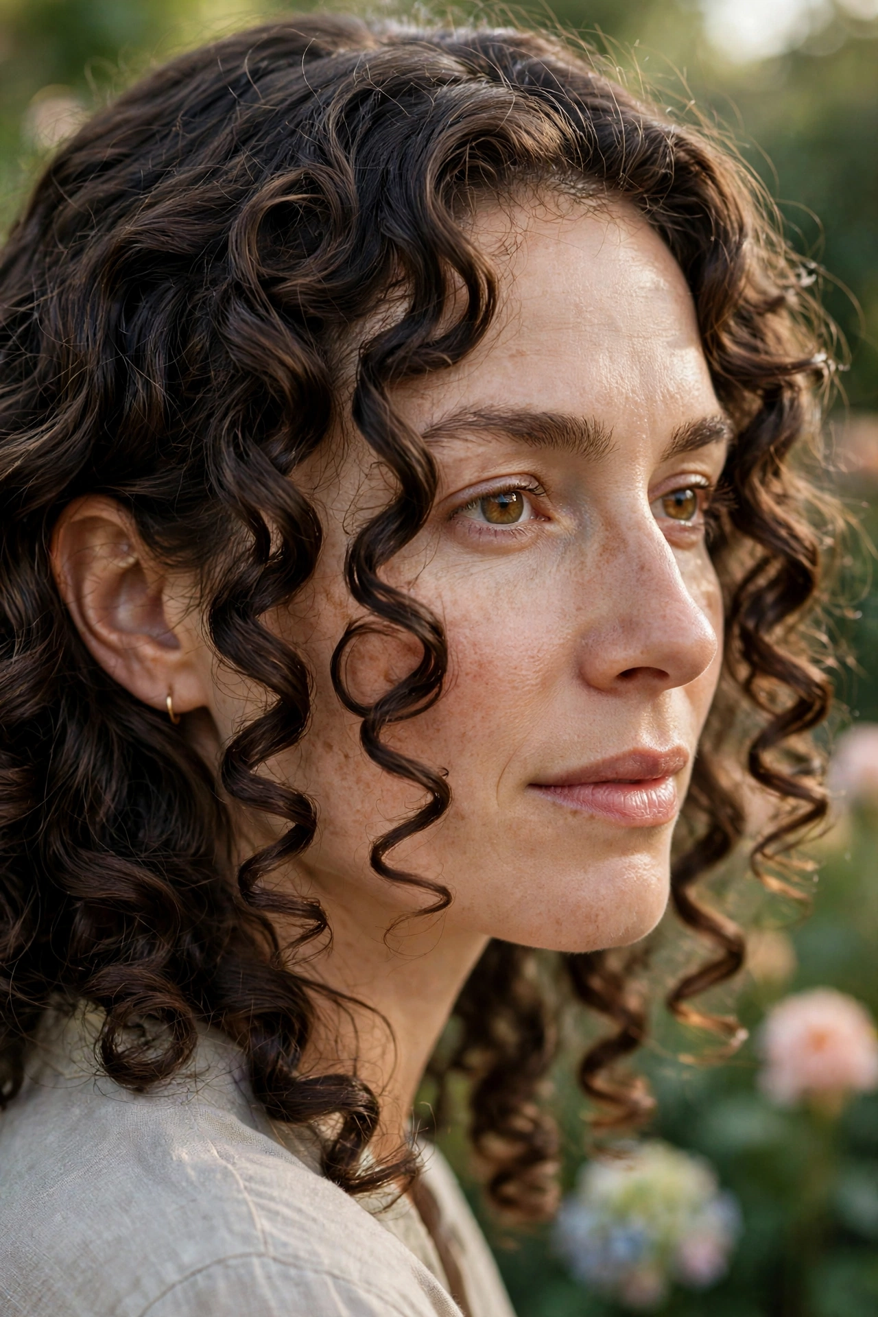 Close-up three-quarter view of a woman with defined spiral curls and sculpted ringlet face layers, photographed outdoors in gentle morning light with a blurred garden background, focus on the shaped curls around her cheeks, wearing a small gold hoop earring.