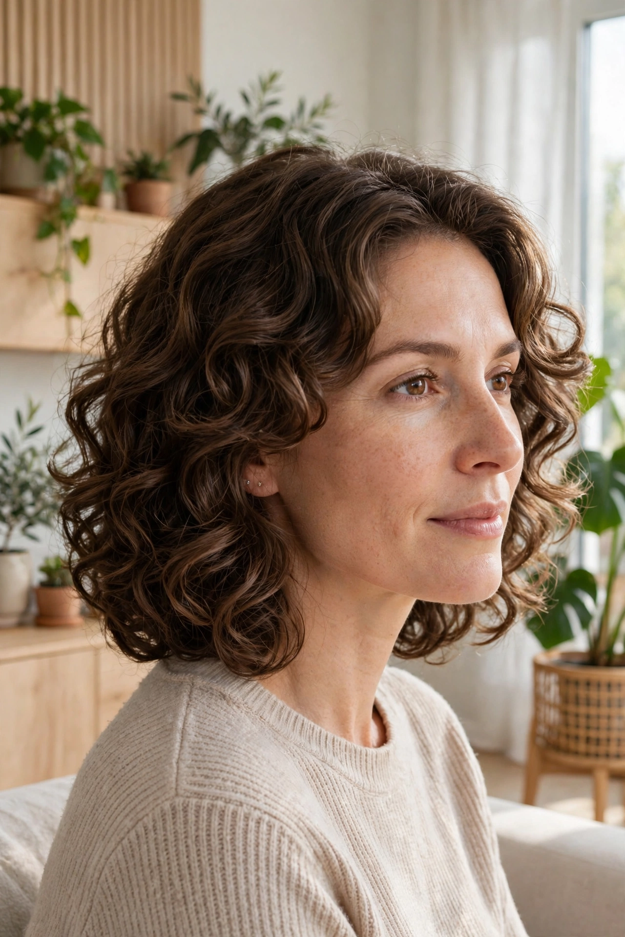 A woman with shoulder-length rounded curl layers in a wavy-curly mix, standing in a bright, modern living room with light wooden furniture and plants, shown from the shoulders up, facing slightly to the side, daylight highlighting the balanced curl outline, wearing a cream sweater.