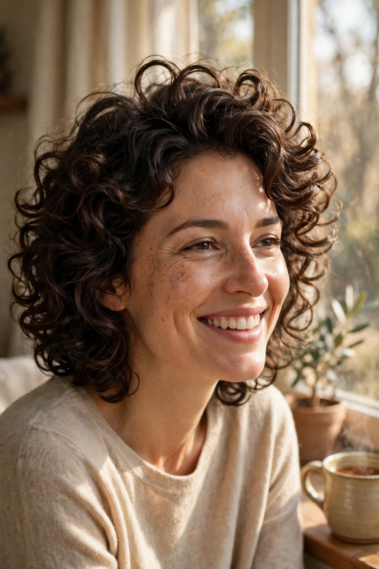 A woman with tight curls and a lifted crown from layered cutting, laughing gently while sitting by a sunny window with a steaming cup of tea nearby, relaxed chest-up portrait in warm daylight, showing the height and shape of the cut.