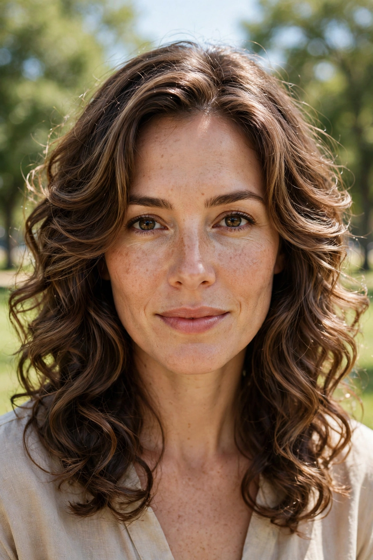A woman with loose curls and softly graduated layers, photographed outdoors on a bright, clear day in a park with soft green trees blurred behind her, shown from the front shoulders up, with the tapered face frame clearly visible.