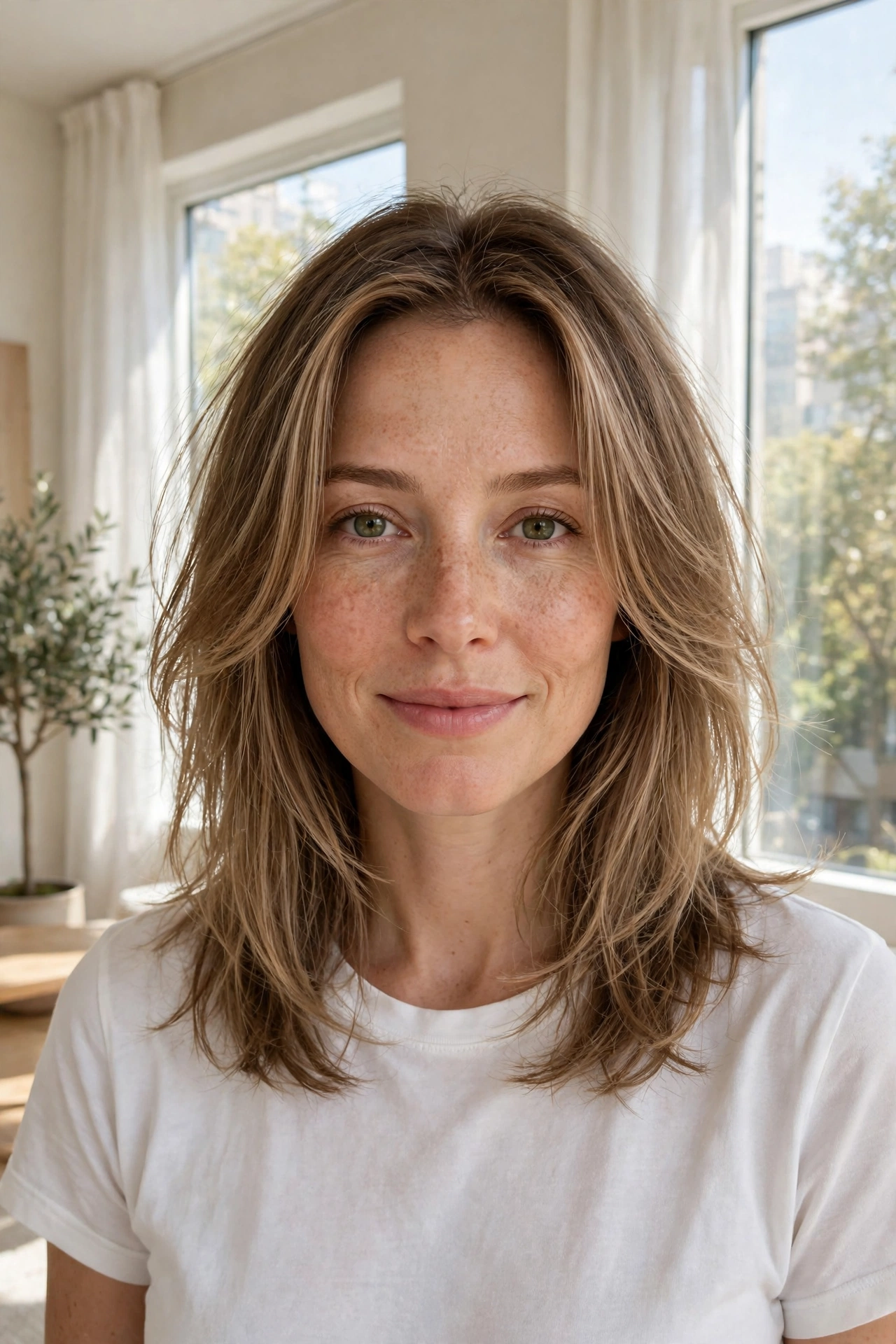 A woman with fine, shoulder-length hair and softly lifted face-framing layers, standing in a bright room with large windows and gentle daylight, wearing a simple white top, facing the camera, her layered hair looking airy and full around her face.