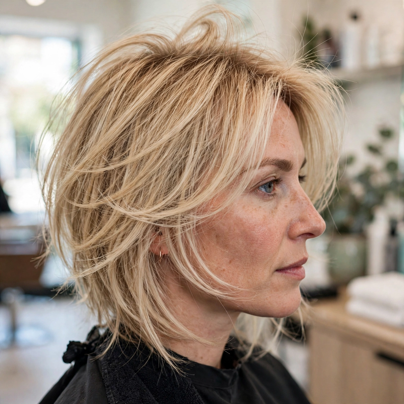 Close-up side view of a woman with blonde fine hair and cheekbone layers, photographed in a bright salon setting with soft, blurred background details, wearing a black salon cape, the focus on the lifted roots and airy layers around her face.