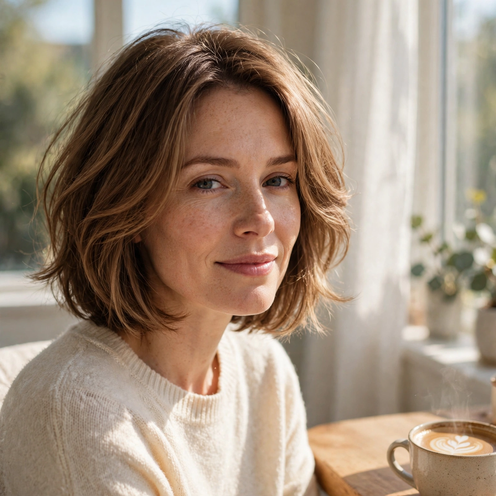 A woman with a lightweight layered bob frame, sitting by a sunny window with a cup of coffee on a nearby table, shown from the shoulders up, daylight highlighting the full, bouncy shape of the bob.