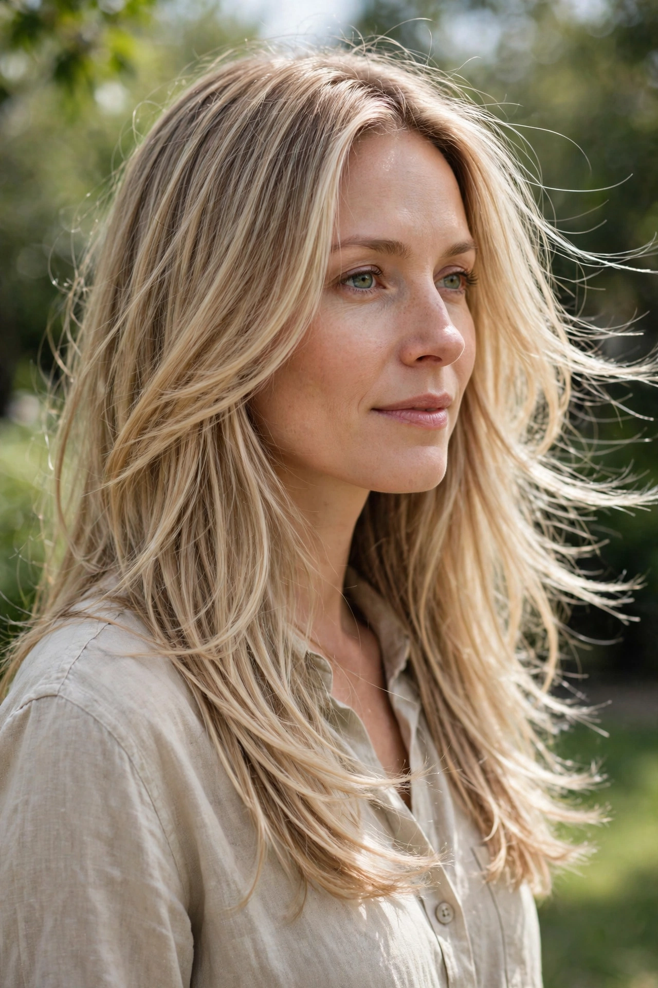A woman with long blonde highlighted fine hair and light, low layers, standing outdoors on a bright day with soft greenery blurred behind her, shown from a three-quarter angle, wearing a beige shirt, the gentle movement and fullness of the layered lengths visible.