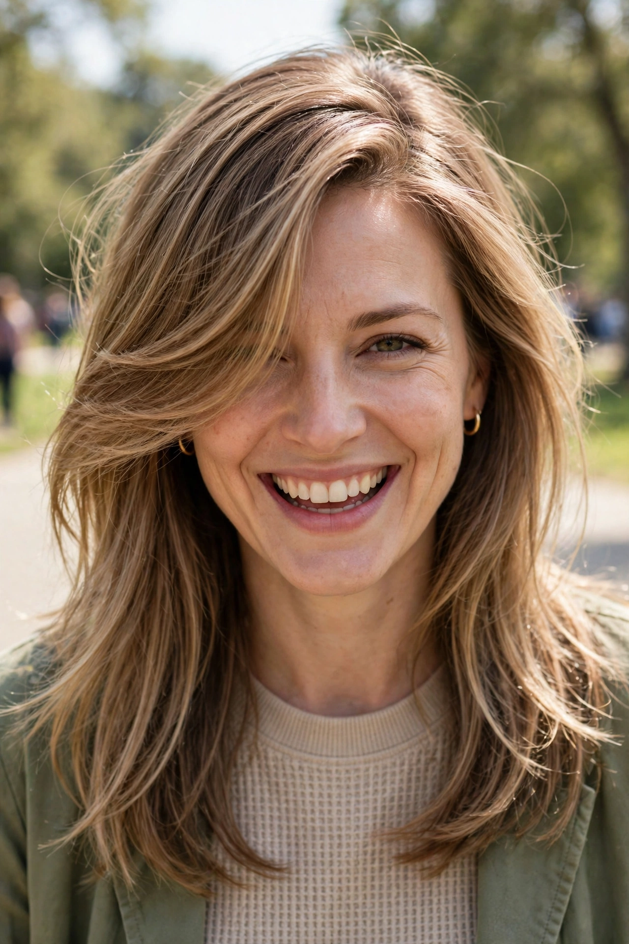 A woman with fine hair styled with a deep side part and sweeping layers, laughing gently while walking in a bright park, shown from the front chest up, wearing an olive-green jacket over a beige top, the lifted sweep framing her face.