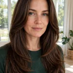 A woman with long, thick hair and smoothly blended face-framing layers, standing in a bright room with large windows and gentle daylight, wearing a simple dark-green top, facing the camera, her thick hair falling in a controlled, polished shape around her face.