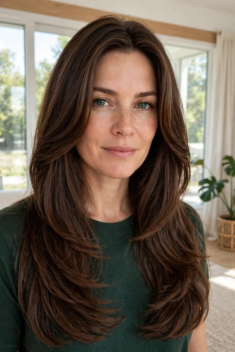 A woman with long, thick hair and smoothly blended face-framing layers, standing in a bright room with large windows and gentle daylight, wearing a simple dark-green top, facing the camera, her thick hair falling in a controlled, polished shape around her face.