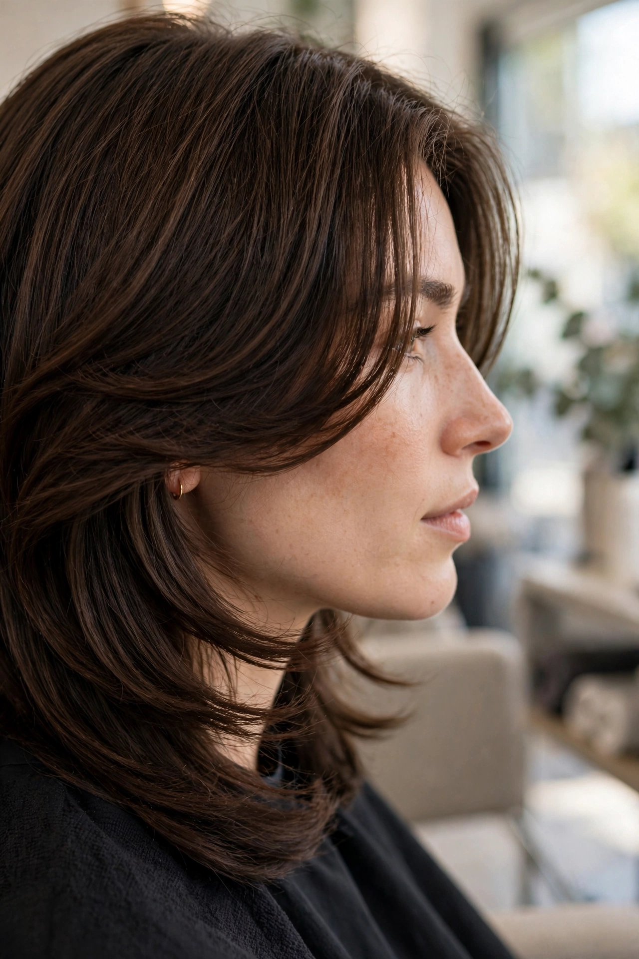 Close-up side view of a woman with thick dark brown hair and cheek-length weight-balancing layers, photographed in a bright salon setting with a soft, blurred background, wearing a black salon cape, the focus on the smooth, controlled fall of the layers.