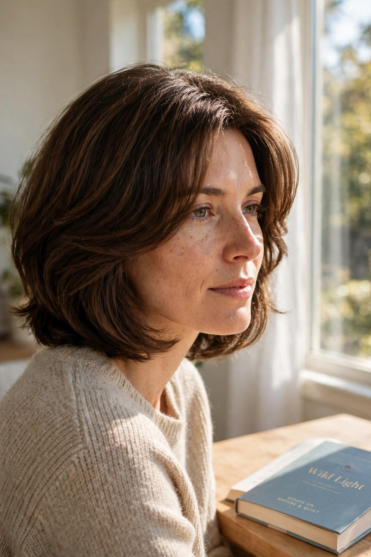 A woman with shoulder-length thick hair and a rounded layered shape, sitting by a sunny window with a book on a nearby table, shown from the shoulders up, daylight highlighting the neat, balanced outline.