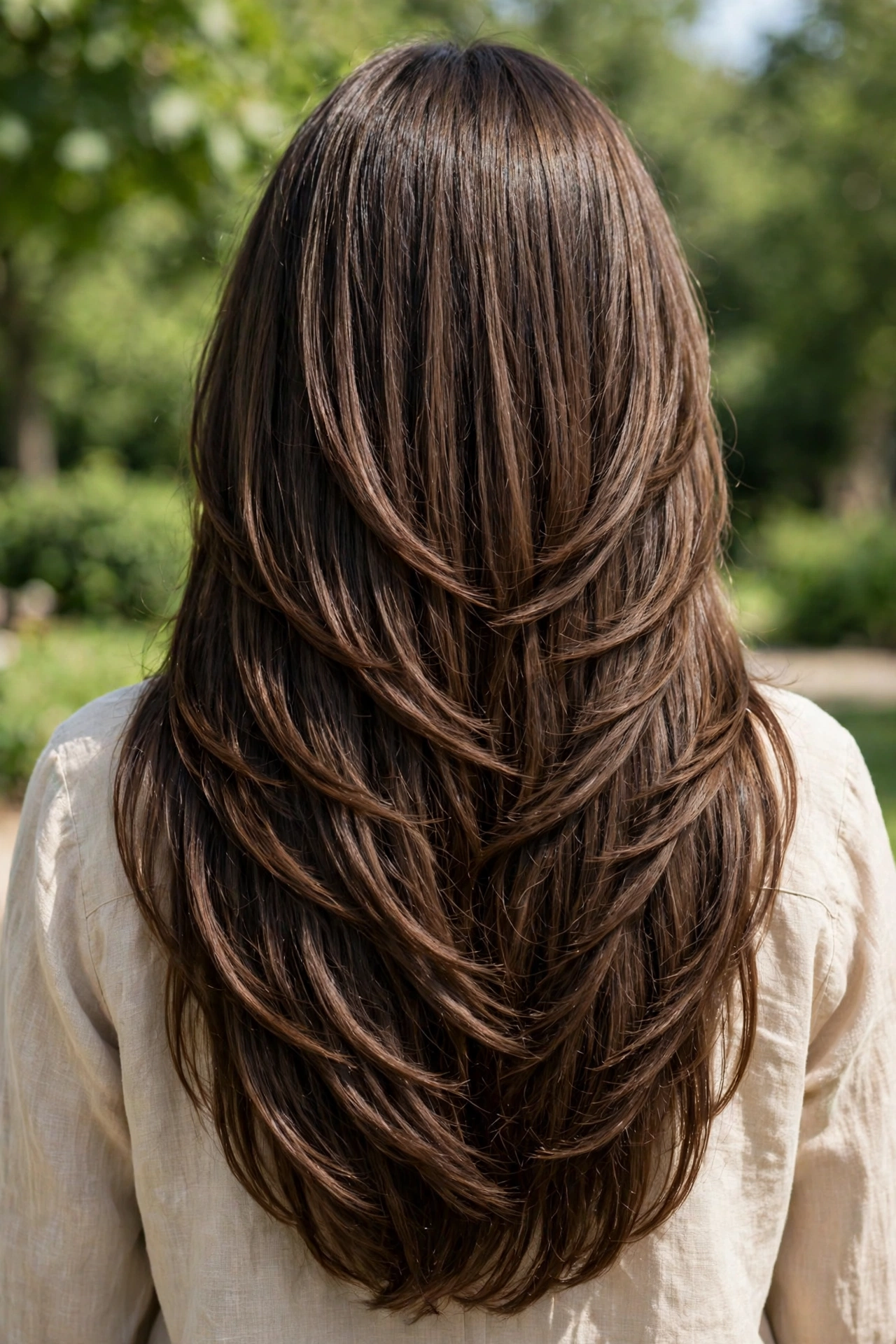 Back view of a woman with long thick hair and controlled layers, standing outdoors on a bright day with soft greenery blurred behind her, showing the smooth, even fall of the layered lengths.