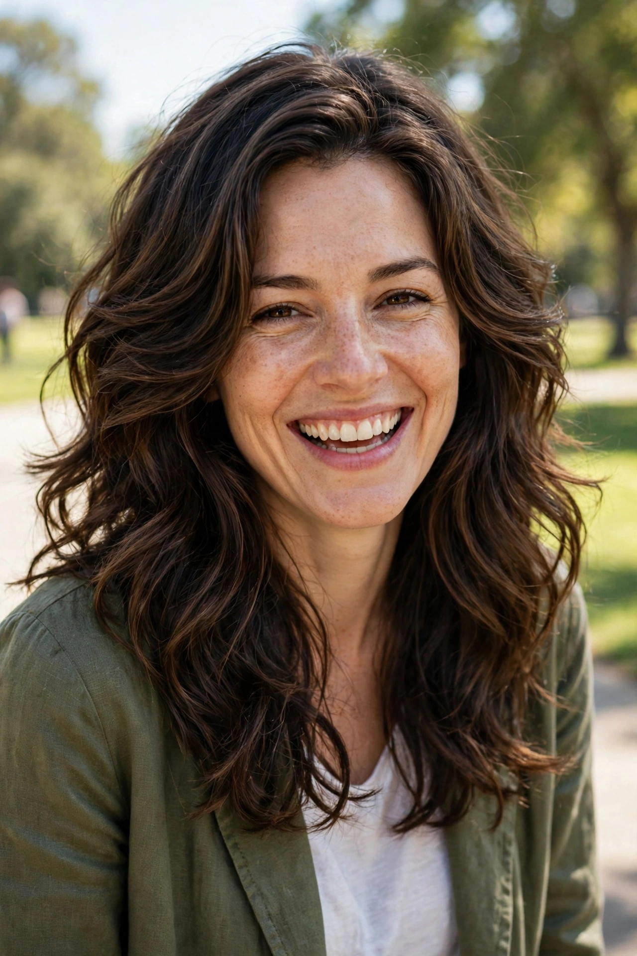 A woman with thick wavy hair and weight-managed layers, laughing gently while walking in a bright park, shown from the front chest up, her waves falling in a controlled, graceful frame.