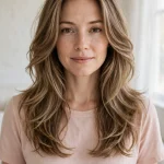 A woman with long, softly layered hair and a gentle, curved face frame, standing in a bright room with soft daylight and pale walls, wearing a simple blush-pink top, facing the camera, her layers falling in a graceful, romantic shape around her face.