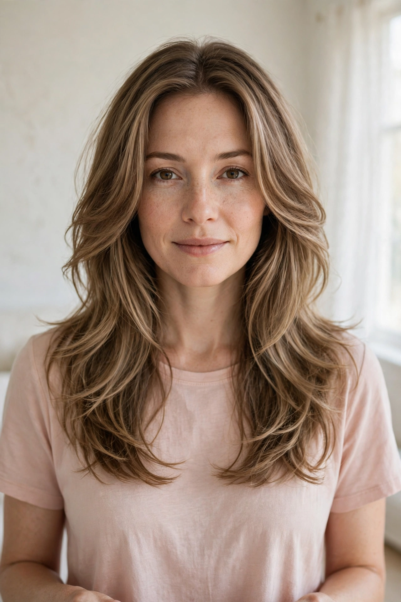 A woman with long, softly layered hair and a gentle, curved face frame, standing in a bright room with soft daylight and pale walls, wearing a simple blush-pink top, facing the camera, her layers falling in a graceful, romantic shape around her face.
