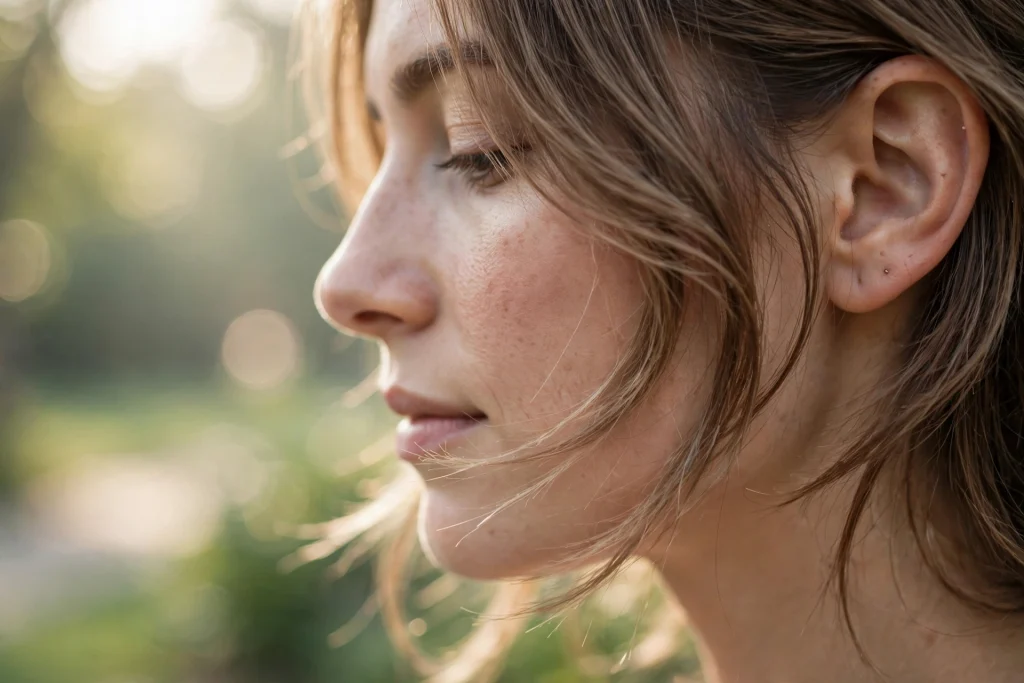 Close-up side profile of a woman with delicate cheek-skimming layers, photographed in soft morning light with a blurred outdoor background with green bokeh, the focus on the tender curve of the layers around her cheek.