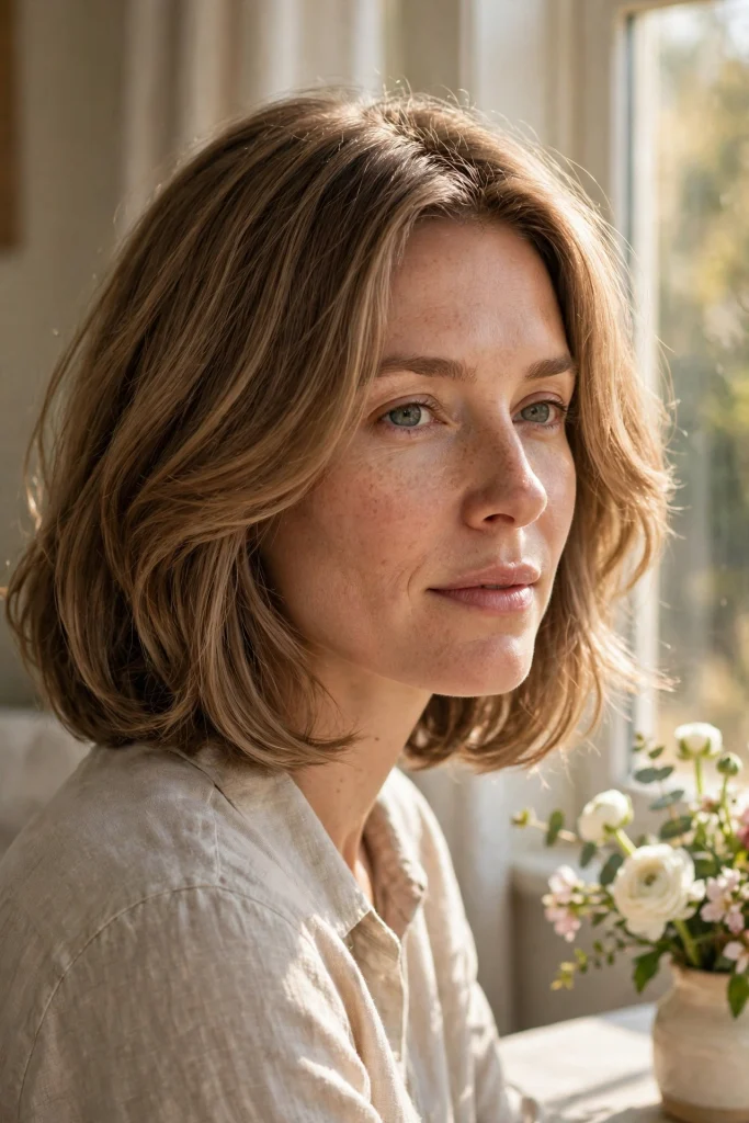 A woman with shoulder-length petal-soft layers, sitting by a sunny window with flowers on a nearby table, shown from the shoulders up, wearing a linen shirt, daylight highlighting the soft, rounded shape of the cut.