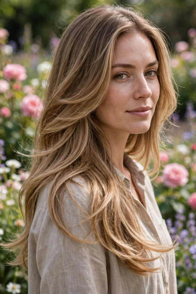 A woman with long, ribbon-soft layers, standing outdoors on a bright day in a garden with soft blooms blurred behind her, shown from a three-quarter angle, wearing a beige shirt, the flowing, graceful fall of the layers visible.