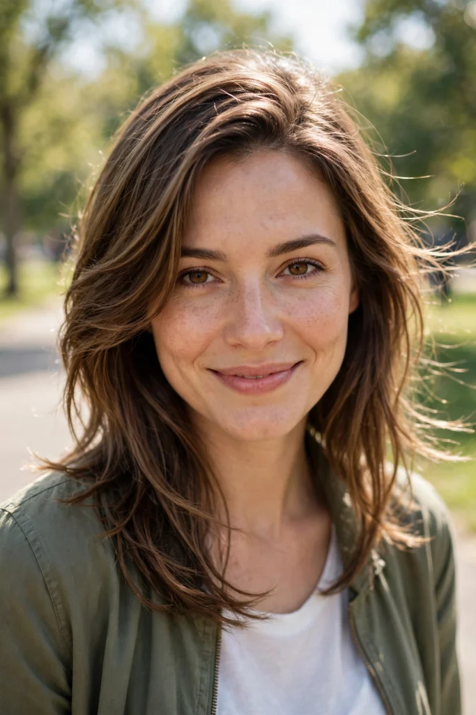 A woman with gentle layers and a soft side sweep, smiling softly while walking in a bright park, shown from the front chest up, wearing an olive-green jacket over a white top, the tender sweep framing her face in natural daylight.