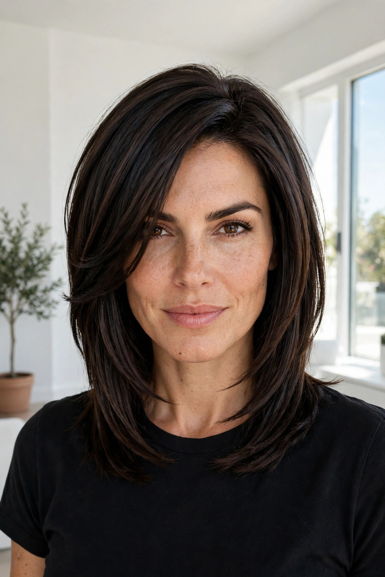 A woman with sleek, bold face-framing layers in dark brown hair and a striking, confident expression, standing in a bright, modern room with clean white walls and strong daylight, wearing a simple black top, facing the camera, her sharp layered frame clearly defining her face.