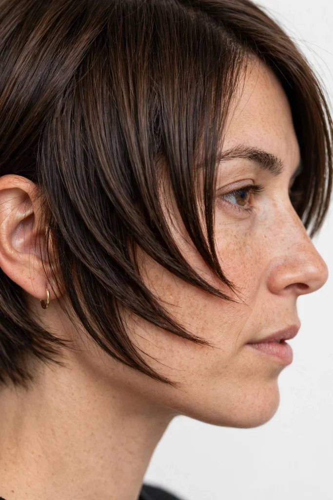 Close-up side profile of a woman with sharp-edged, short bob-length face layers, photographed in a bright studio setting with a clean, minimal white background, wearing a small gold hoop earring, the focus on the precise, graphic lines of the layers around her cheek.