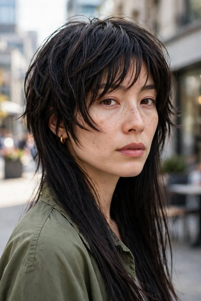 A woman with a choppy shag-like cut with fringe showing short-top and long-length contrast, standing in a bright urban setting with soft architectural details blurred behind her, wearing an olive shirt, shown from the shoulders up.