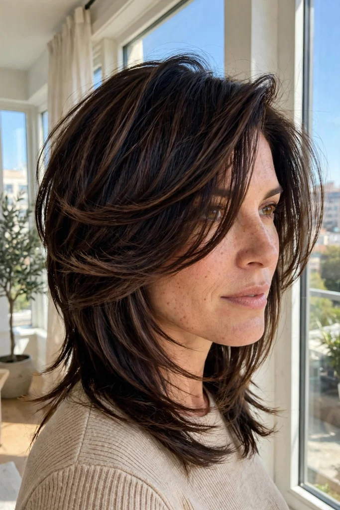 A woman with bold layers and a deep side part, posing confidently in a bright room with large windows, wearing a cream knit sweater, the dramatic sweep of the layers across her face in natural daylight, medium-length layers.