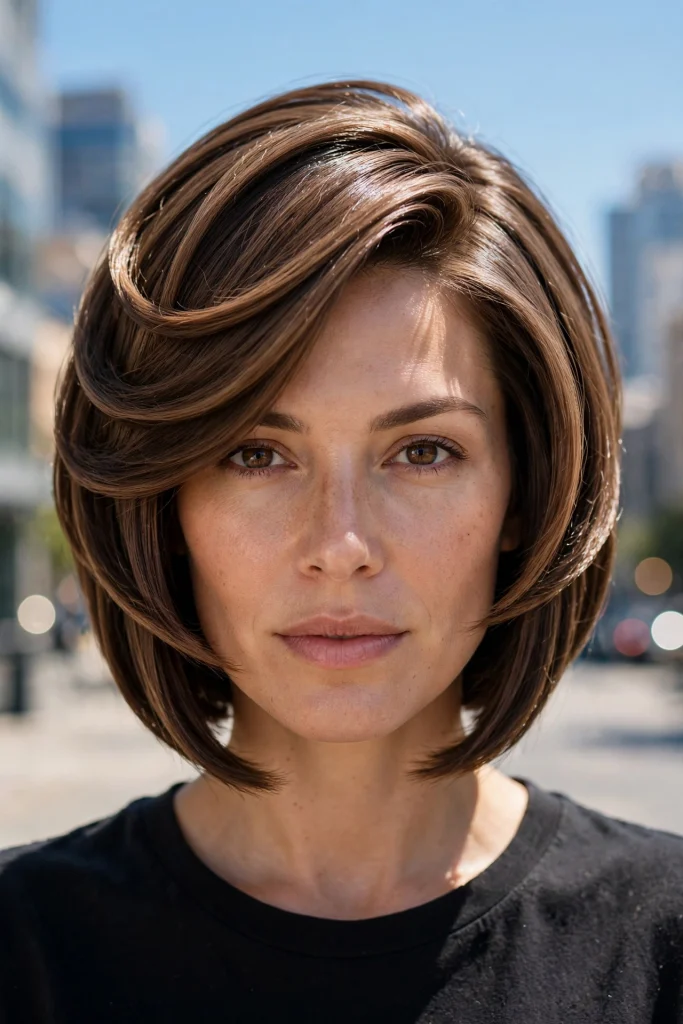 A woman with a sleek sculpted bob with a deep side part, photographed outdoors on a bright, clear day with a clean city background softly blurred, wearing a black top, shown from the front chest up, the strong layered outline framing her face.