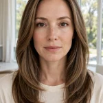 A woman with long, smoothly layered brown hair and softly blended ends, standing in a bright room with large windows and gentle daylight, wearing a simple cream top, facing the camera, her layers falling in one seamless, smooth shape around her face and shoulders.